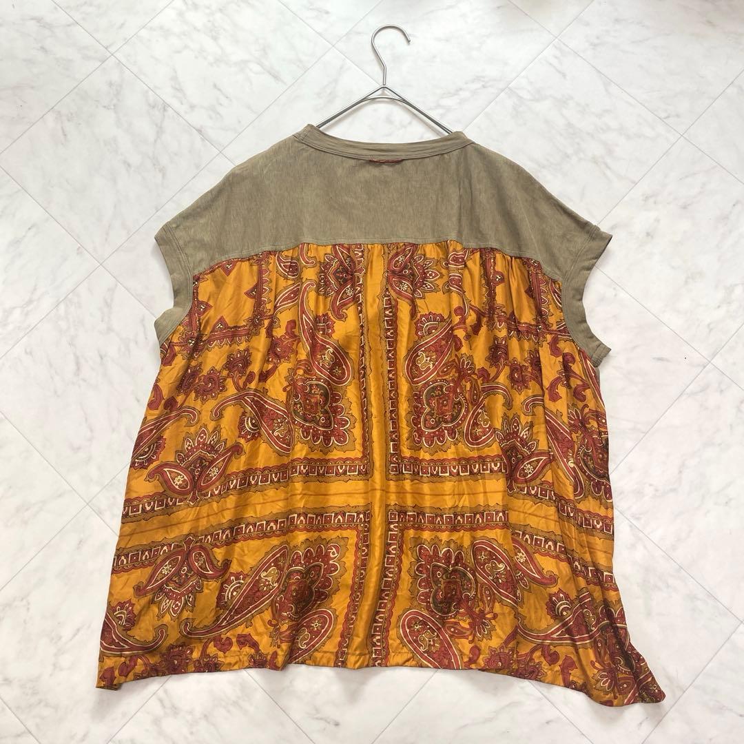 美品✨45R シルク切り替え　ペイズリーバンダナ柄　Tシャツ　フレンチスリーブ