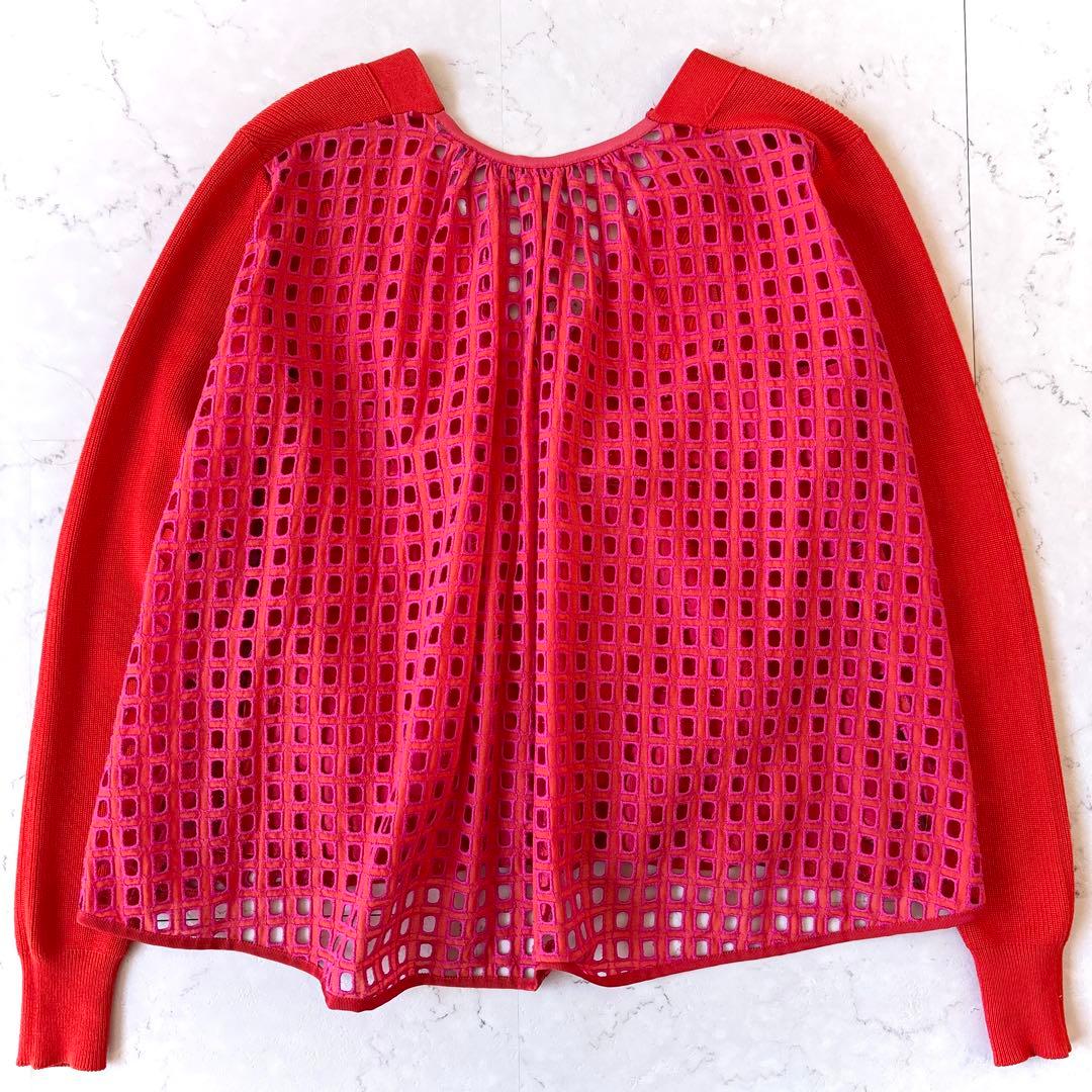 美品 サカイ sacai レースドッキング コットン カーディガン 赤ピンク