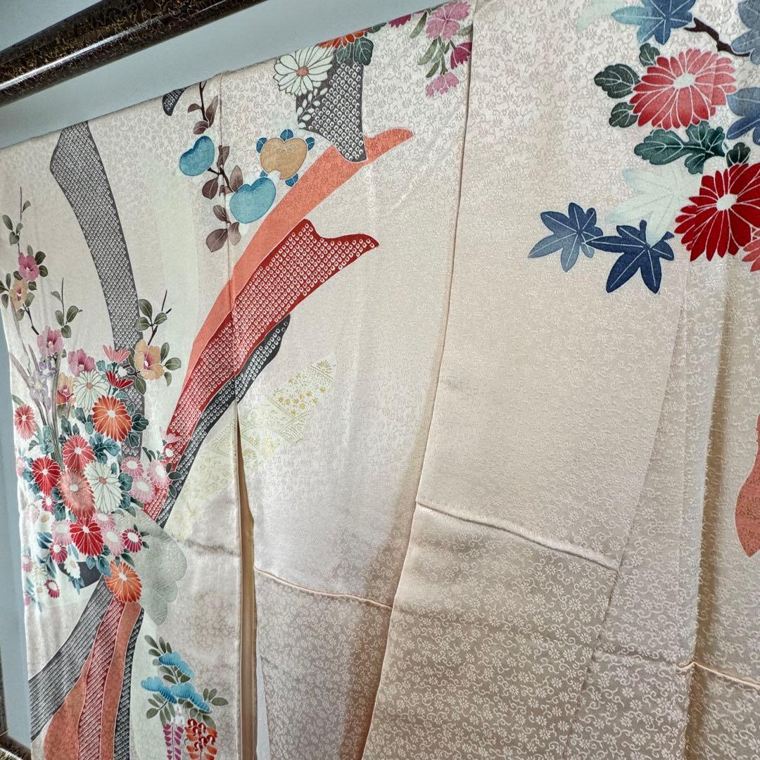 美品　振袖　現代　振袖　成人式　着物　166裄65 赤　オレンジ　絞り柄　花牛車