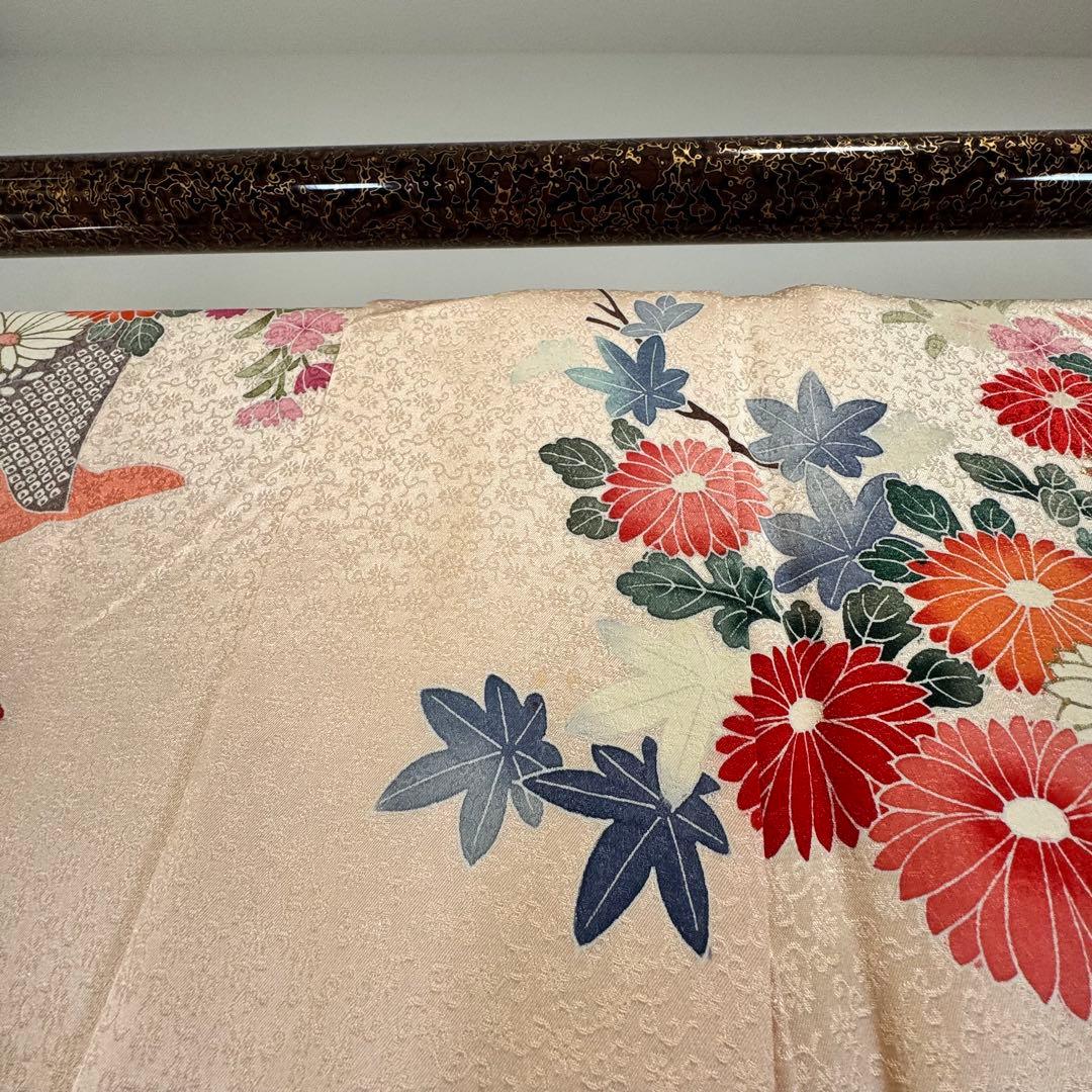 美品　振袖　現代　振袖　成人式　着物　166裄65 赤　オレンジ　絞り柄　花牛車