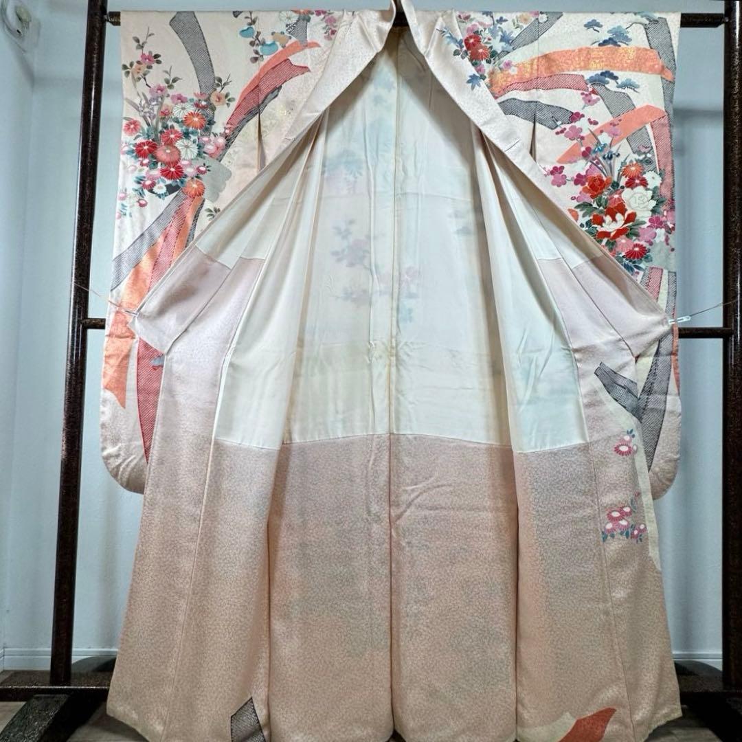 美品　振袖　現代　振袖　成人式　着物　166裄65 赤　オレンジ　絞り柄　花牛車