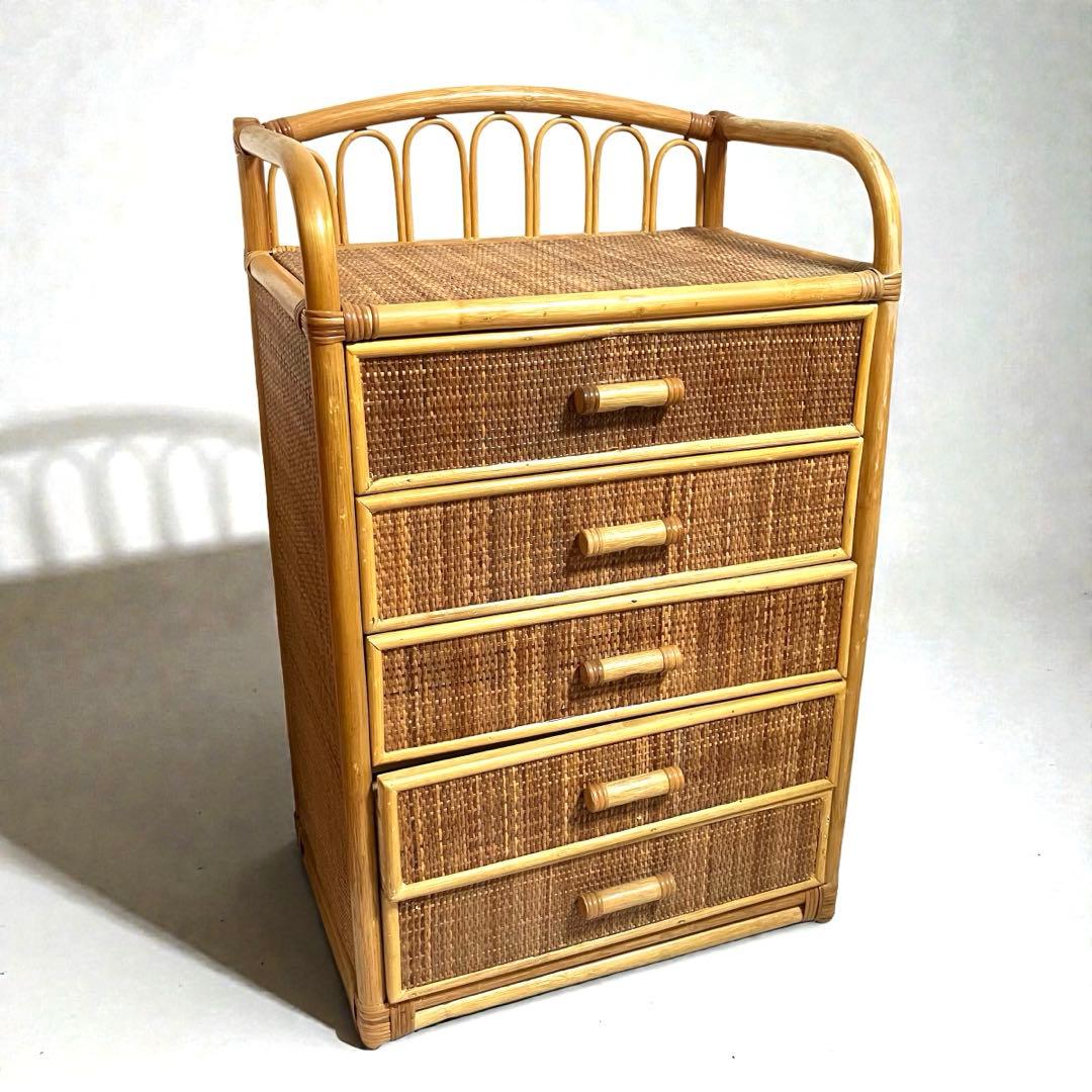 【良品】ラタン製 5段チェスト　籐家具 昭和レトロ