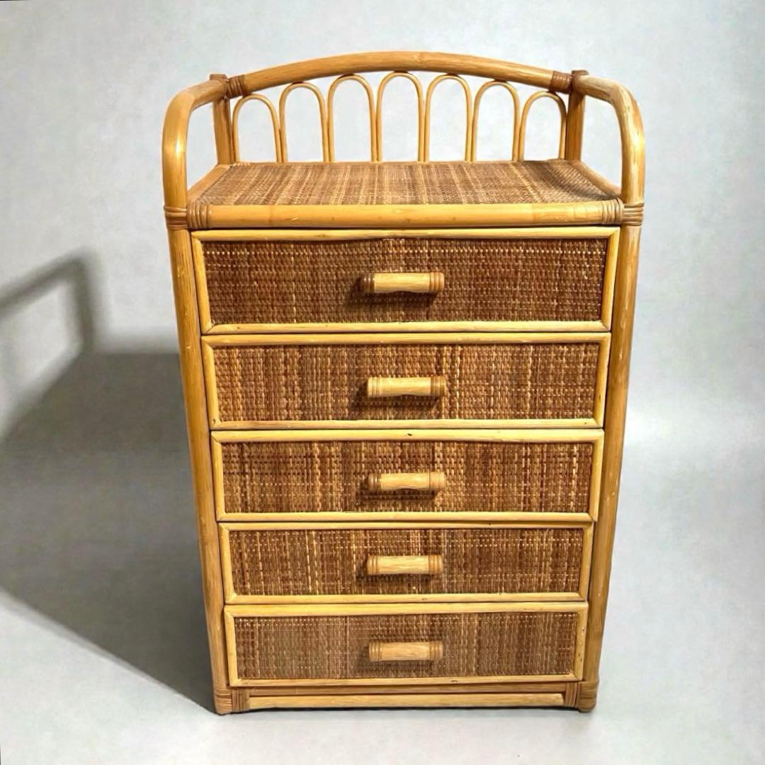 【良品】ラタン製 5段チェスト　籐家具 昭和レトロ