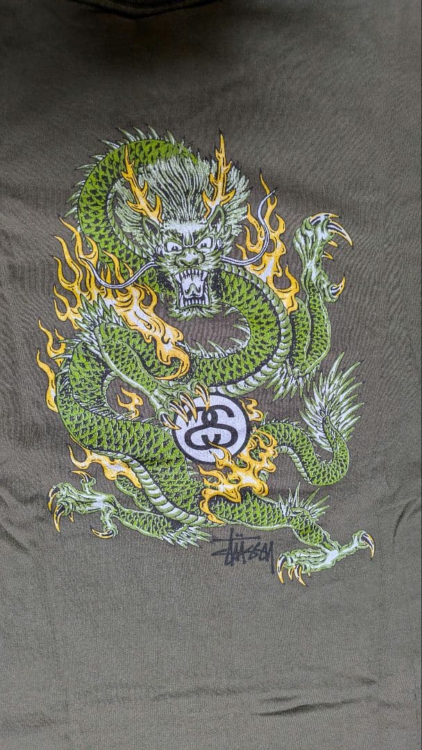 OLD Stussy 90' sドラゴンTシャツ オリーブMade in USA