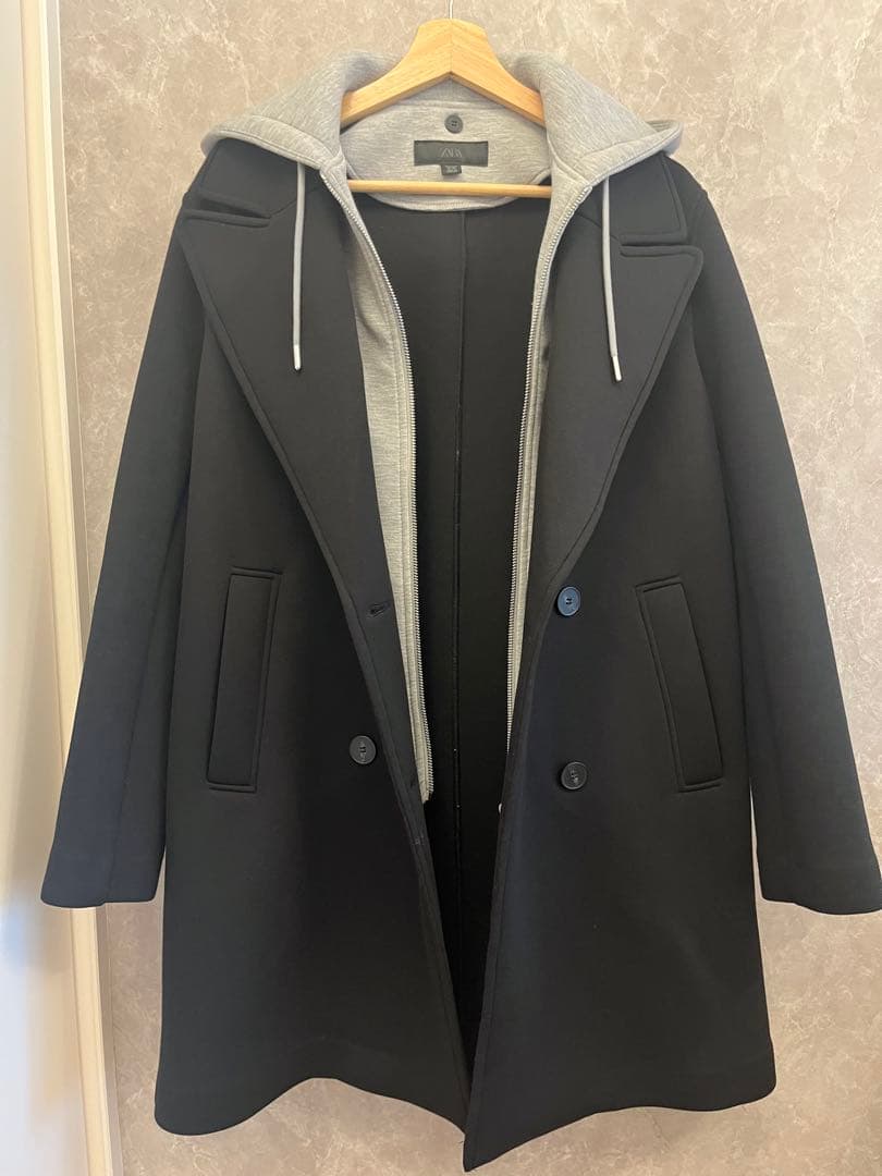 美品　【ZARA】取り外し可能なフード付き コンビコート　Mブラック　黒