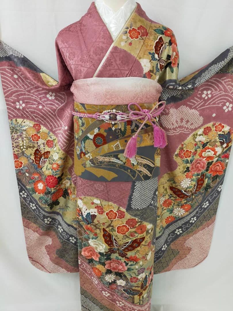【極上古典】美品 正絹 桶絞り 友禅振袖 7点フルセット 金彩 蝶文様 成人式