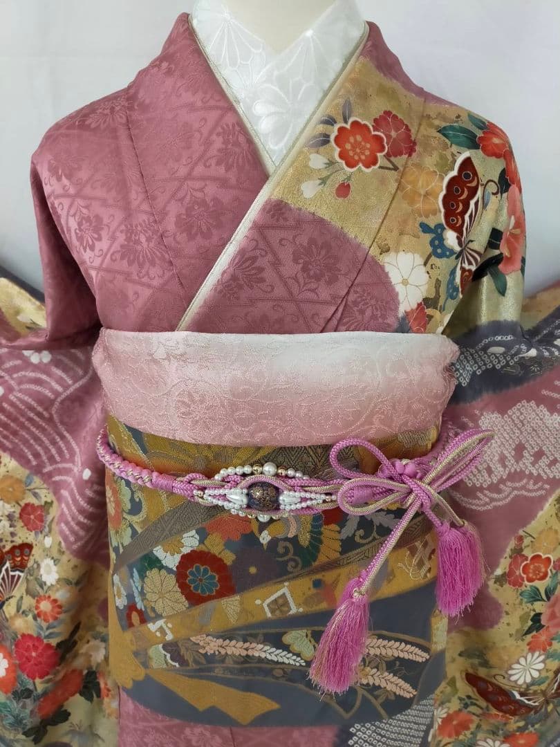 【極上古典】美品 正絹 桶絞り 友禅振袖 7点フルセット 金彩 蝶文様 成人式