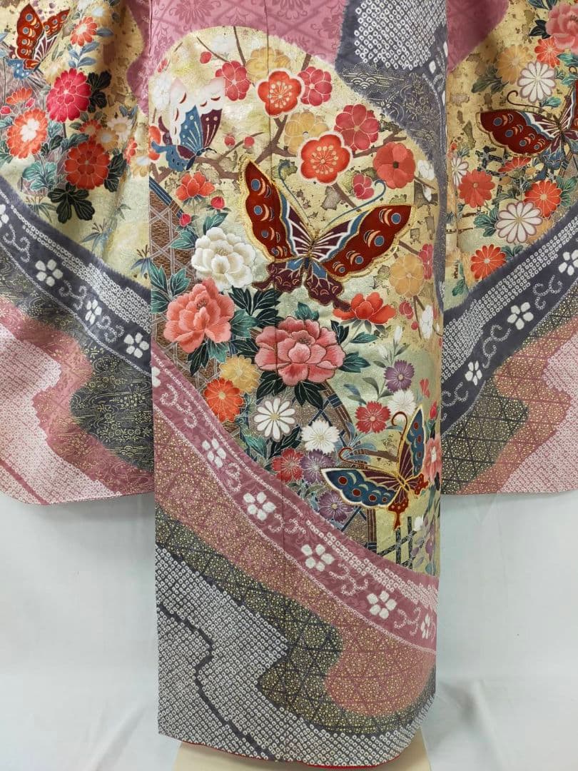 【極上古典】美品 正絹 桶絞り 友禅振袖 7点フルセット 金彩 蝶文様 成人式