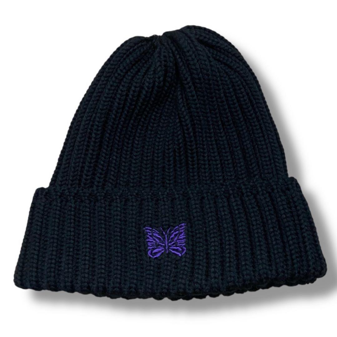【肉厚生地・パピヨン刺繍】Needles ニードルス Beanie 黒 ニット帽