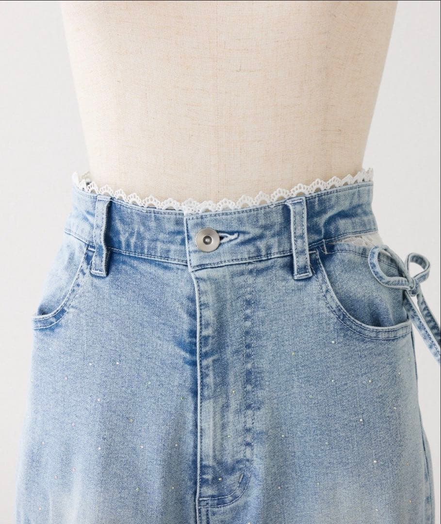 NICE CLAUP ナイスクラップ　サイドカットレース美脚ビジューデニム