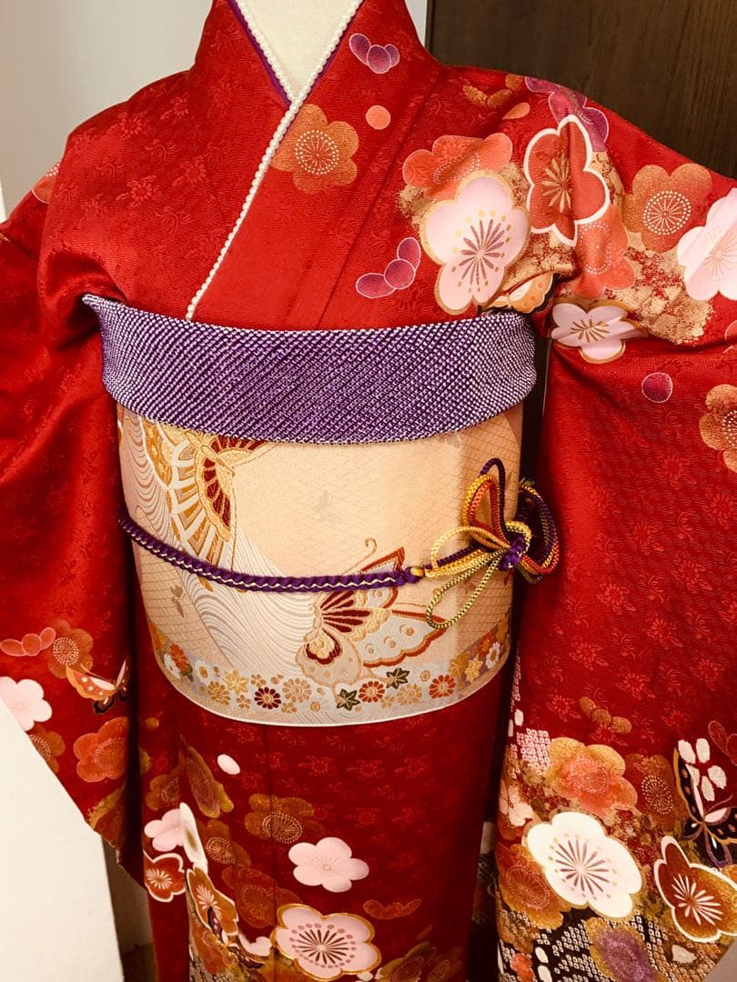 振袖単品　袷 梅 蝶 金糸 絞り 赤 正絹 秀品