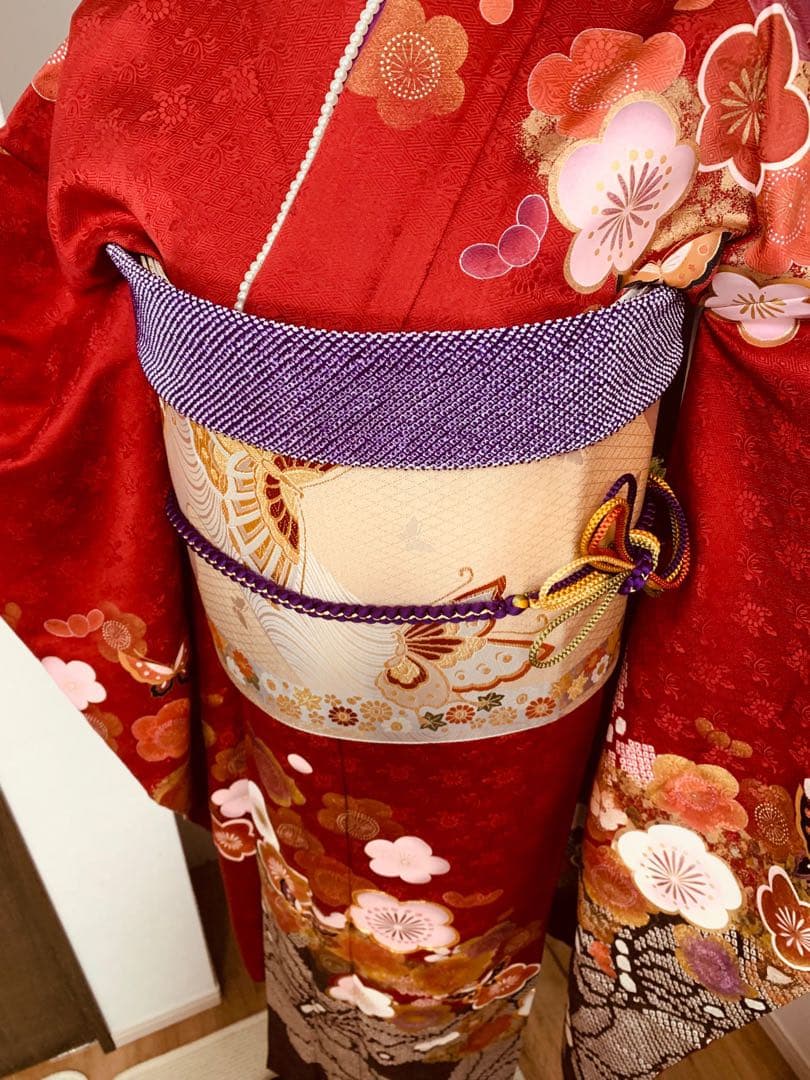 振袖単品　袷 梅 蝶 金糸 絞り 赤 正絹 秀品