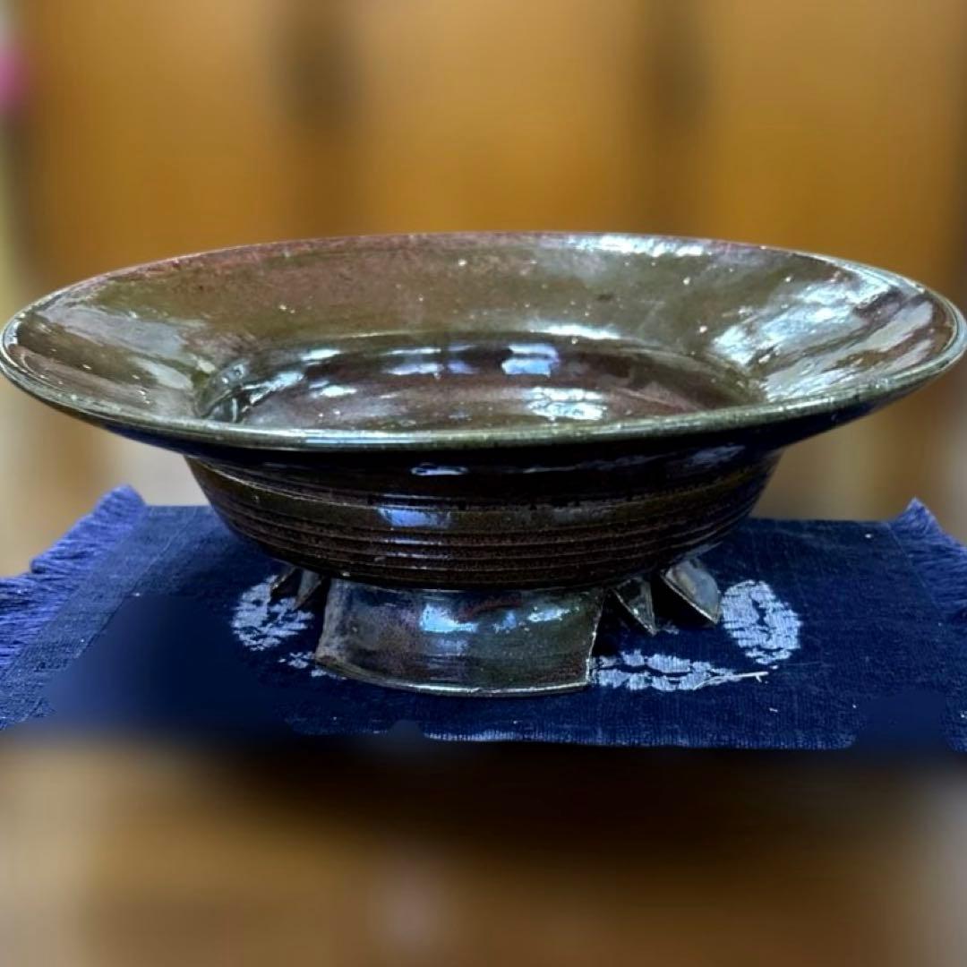 424 【未使用美品】丹波立杭焼 飾皿 花器 割高台 景色良し 茶道具 華道具
