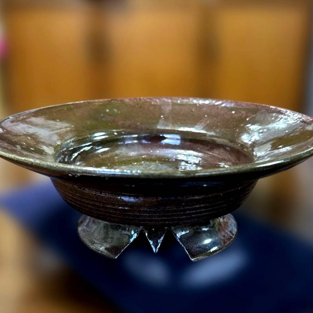 424 【未使用美品】丹波立杭焼 飾皿 花器 割高台 景色良し 茶道具 華道具