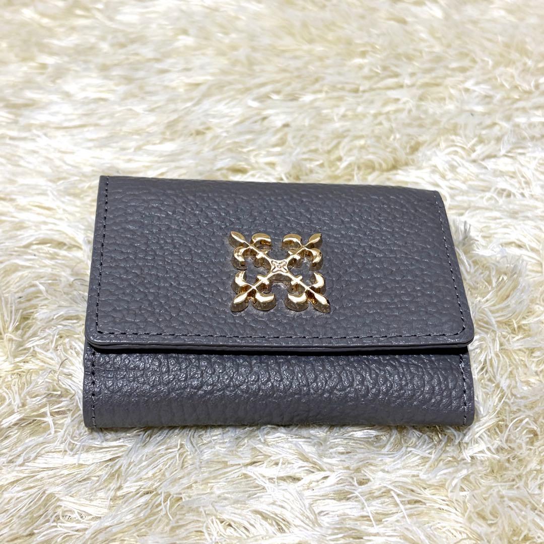 ほぼ未使用品 ラシット モノグラムプレート 3つ折り財布 グレー レザー
