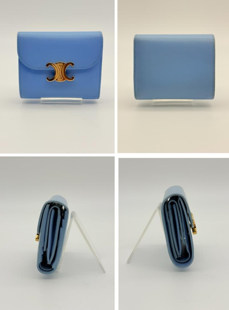 極美品 付属品完備 CELINE トリオンフ 三つ折り財布 ブルー 水色