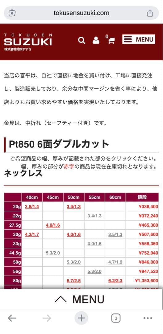 喜平　PT850 ネックレス　30.7g