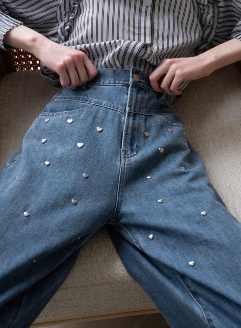 heart rivet & embroidery denim PT Sサイズ