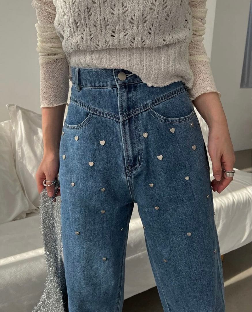 heart rivet & embroidery denim PT Sサイズ