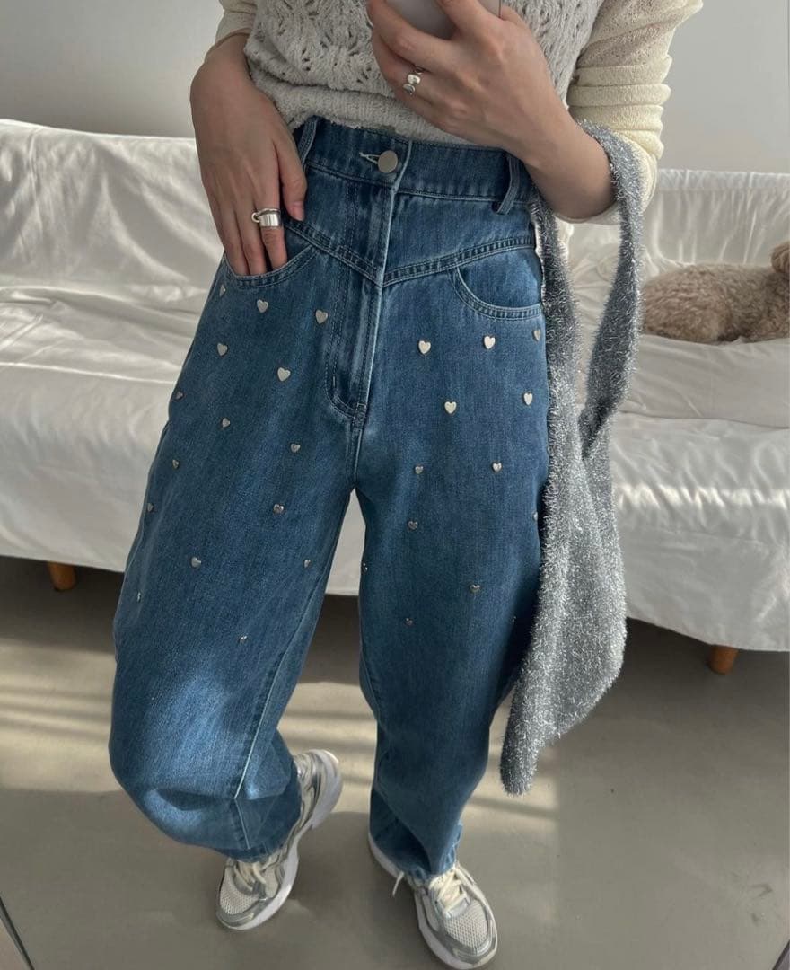 heart rivet & embroidery denim PT Sサイズ