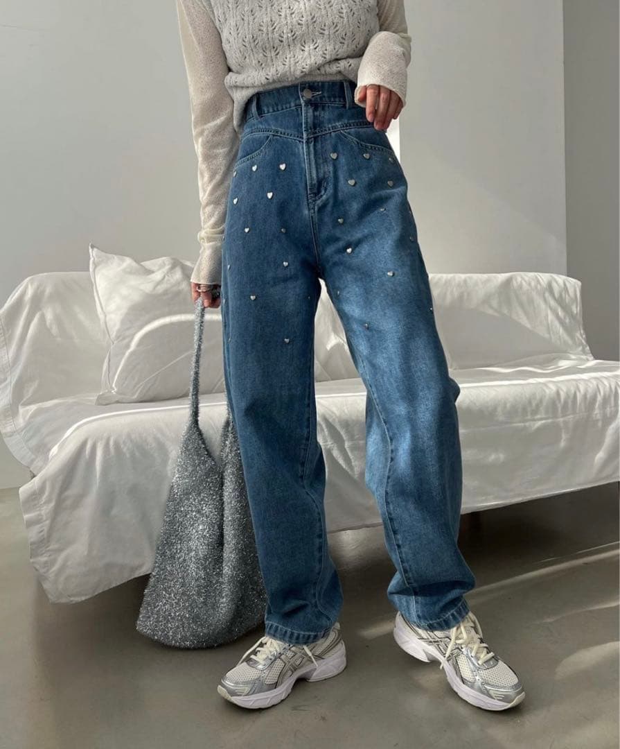 heart rivet & embroidery denim PT Sサイズ
