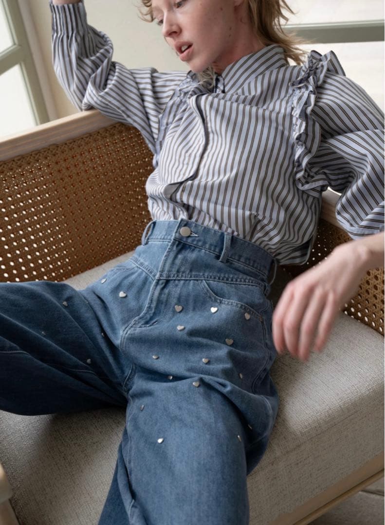 heart rivet & embroidery denim PT Sサイズ