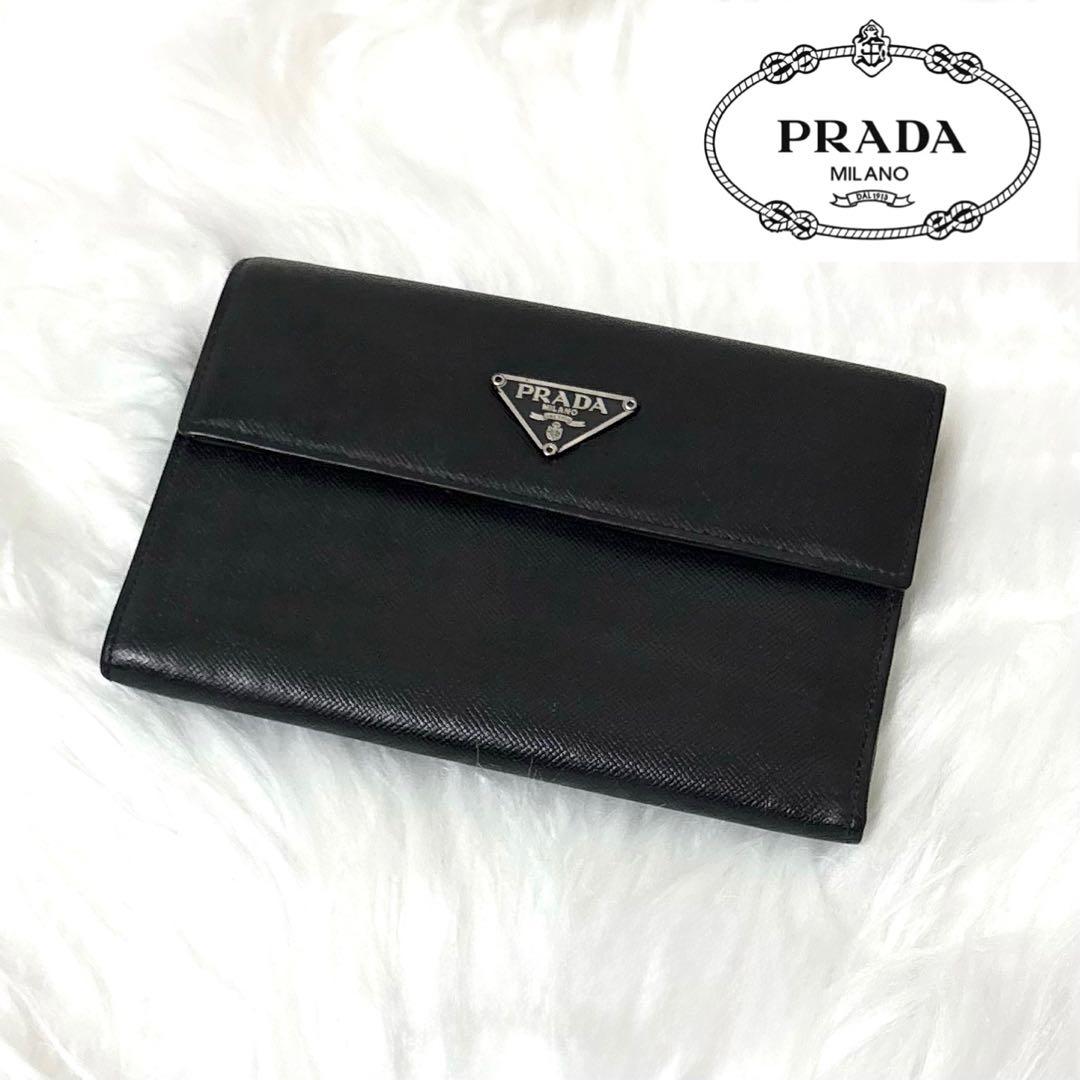 【極美品】PRADA 二つ折り財布 レザー サフィアーノ 三角ロゴ ブラック