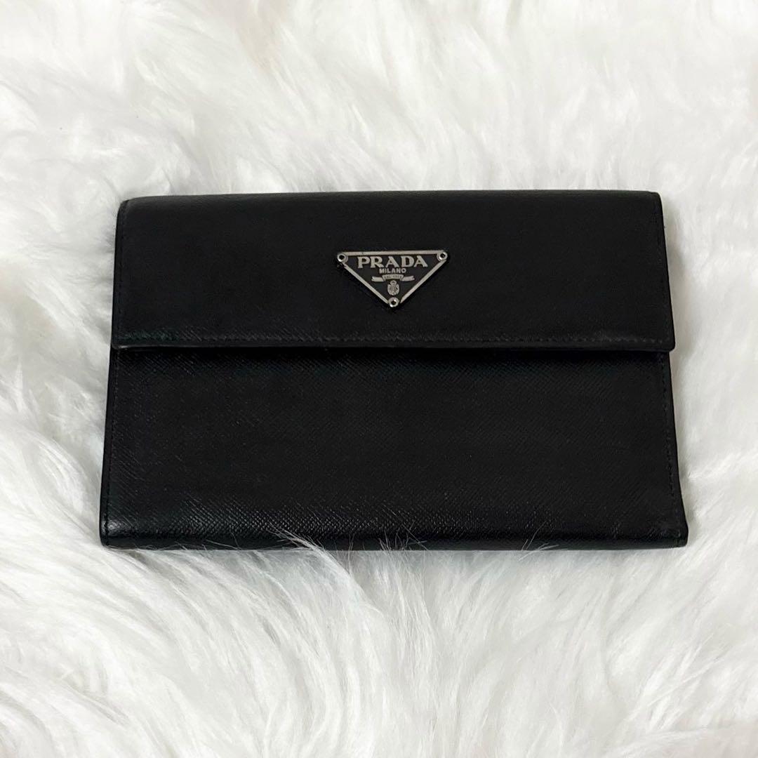 【極美品】PRADA 二つ折り財布 レザー サフィアーノ 三角ロゴ ブラック