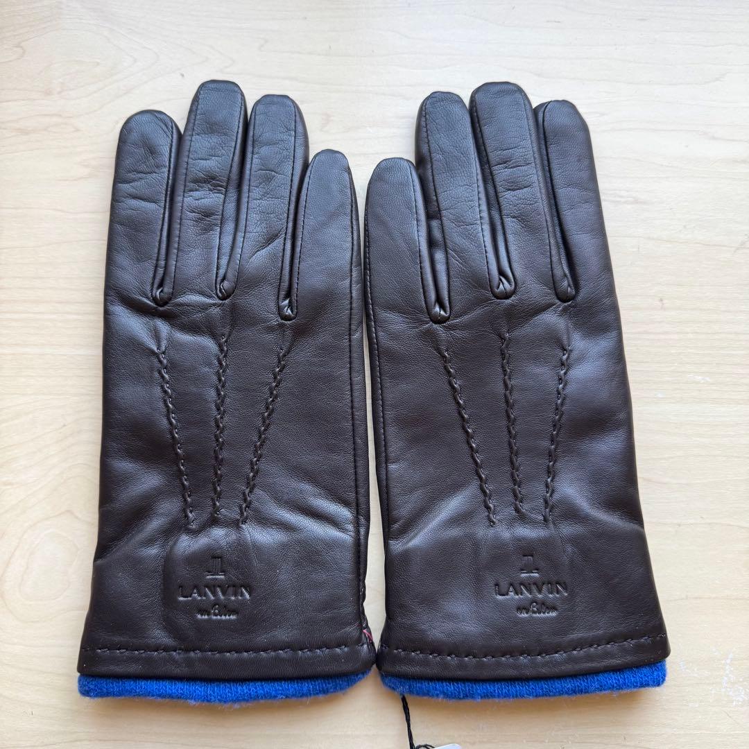 ★新品★ランバンオンブルー　メンズ　レザー手袋　羊革　カシミヤ　ダークブラウン