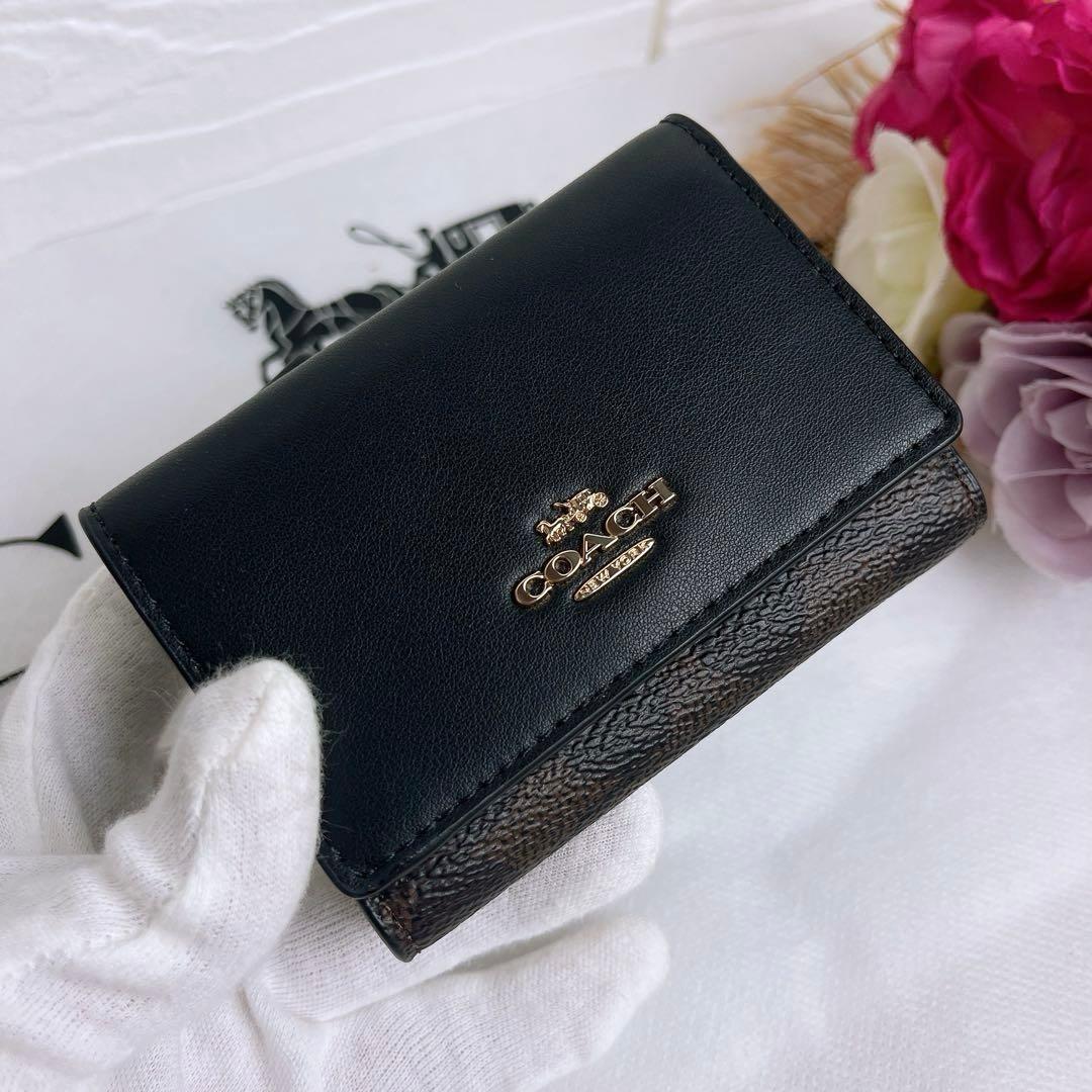 新品未使用 COACHコーチ 三つ折り財布 コンパクト ブラウン ブラック.