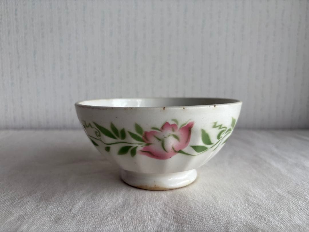 アンティーク　カフェオレボウル　お花　ピンク×グリーン