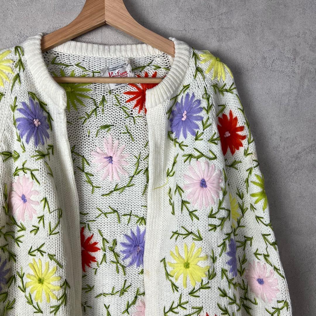 60s 70s USA古着 カラフル 花柄刺繍ニットカーディガン vintage