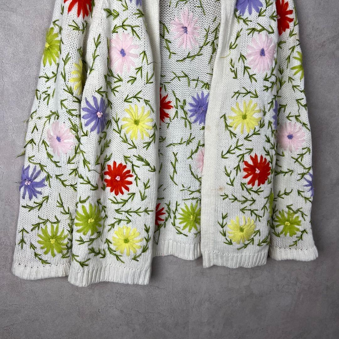 60s 70s USA古着 カラフル 花柄刺繍ニットカーディガン vintage