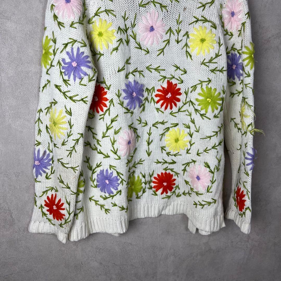 60s 70s USA古着 カラフル 花柄刺繍ニットカーディガン vintage
