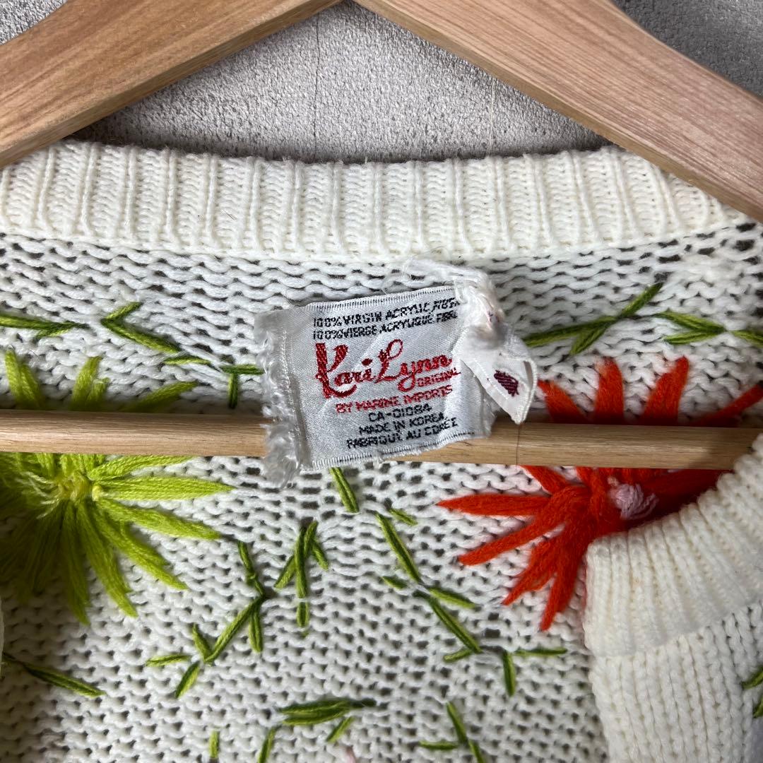60s 70s USA古着 カラフル 花柄刺繍ニットカーディガン vintage