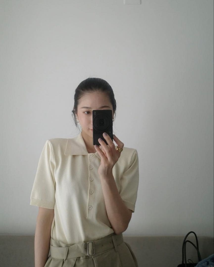 トップス CLANE SHOULDER PADS POLO KNIT TOPS IVORY