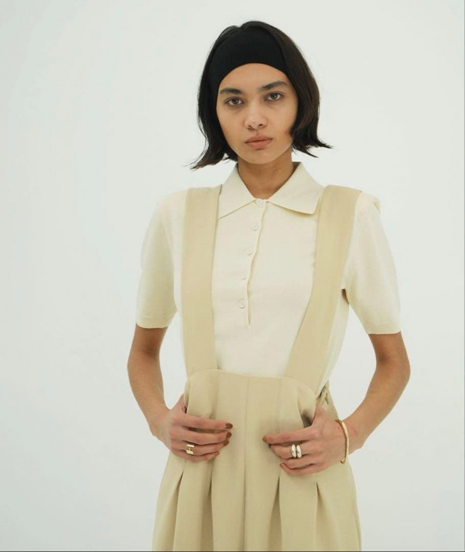 トップス CLANE SHOULDER PADS POLO KNIT TOPS IVORY