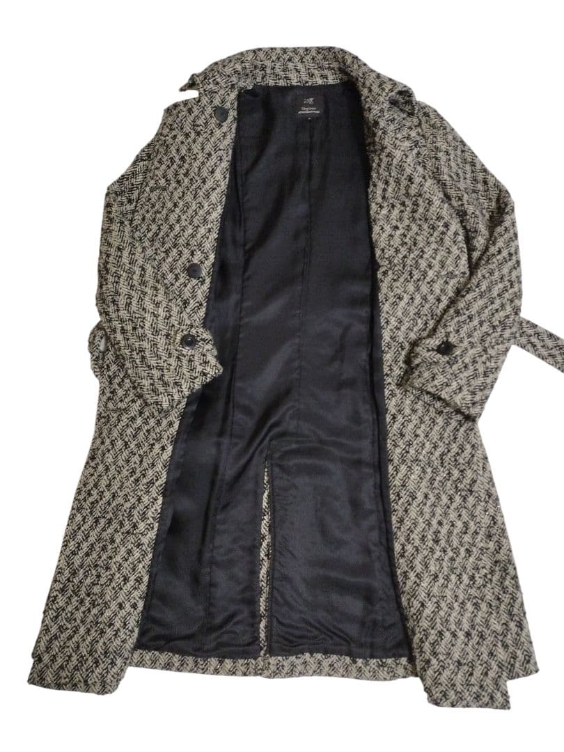 23区 ウール カシミヤ ツイード ロング コート ヘリンボーン ベルト 黒
