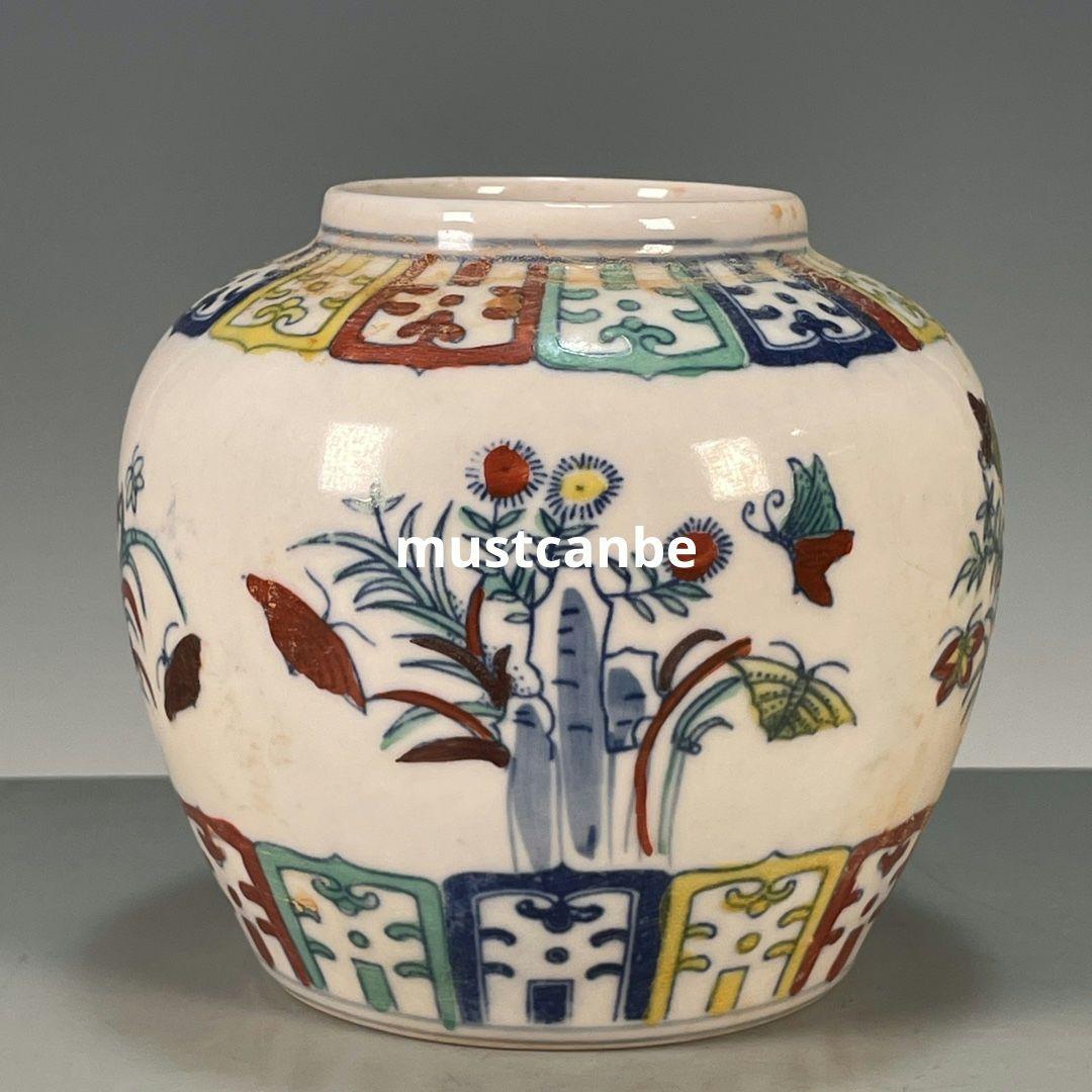 斗彩花卉天字缶 景徳鎮 陶磁器 装飾品 現代工芸品美術品 置物