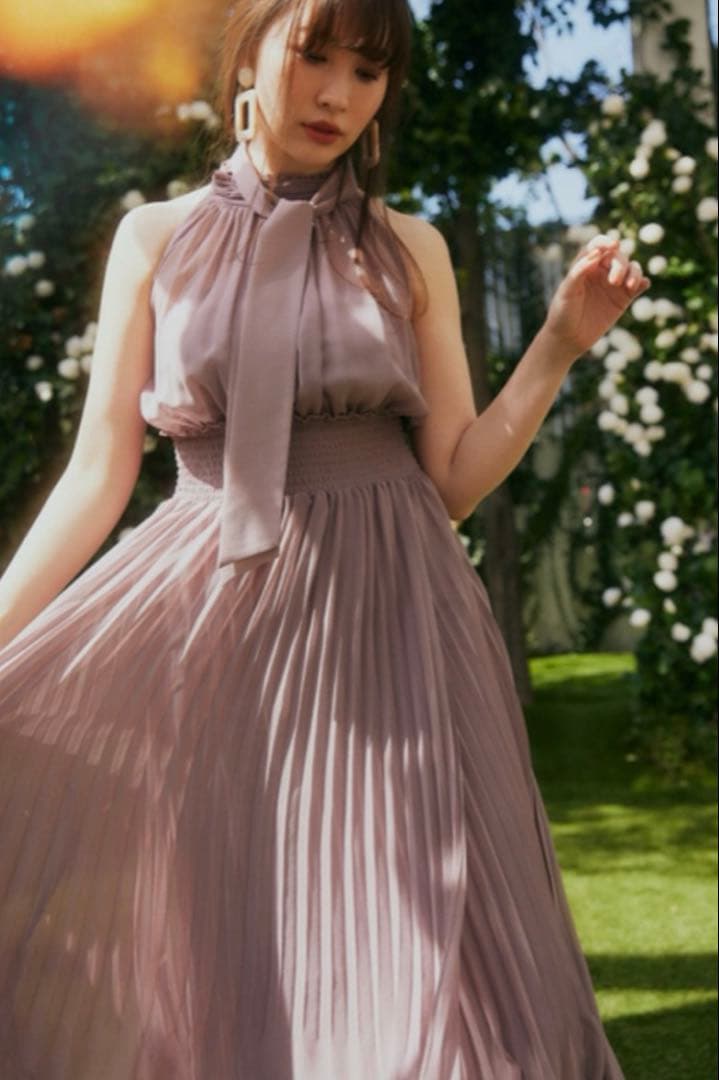 ワンピース Pleated Chiffon Ribbon Midi Dress