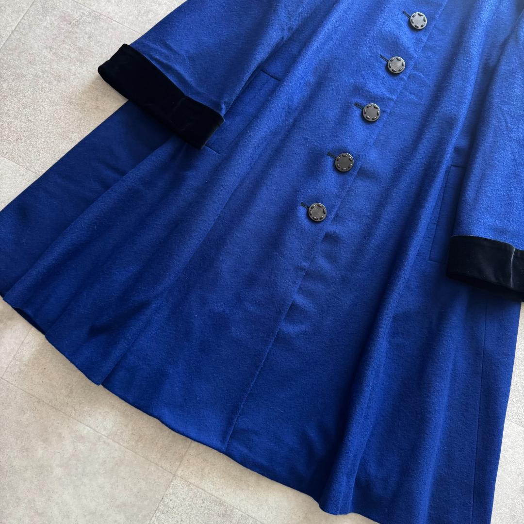 イヴサンローラン　ロングコート　ベロア切替　青　黒　36　フレア　Vintage