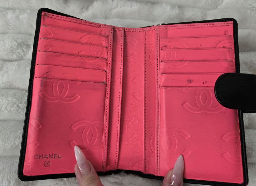 CHANEL シャネル 二つ折り財布 ブラック×ピンク