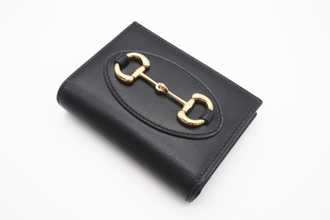 GUCCI 二つ折り財布 ホースビット レザー コンパクトウォレット ブラック