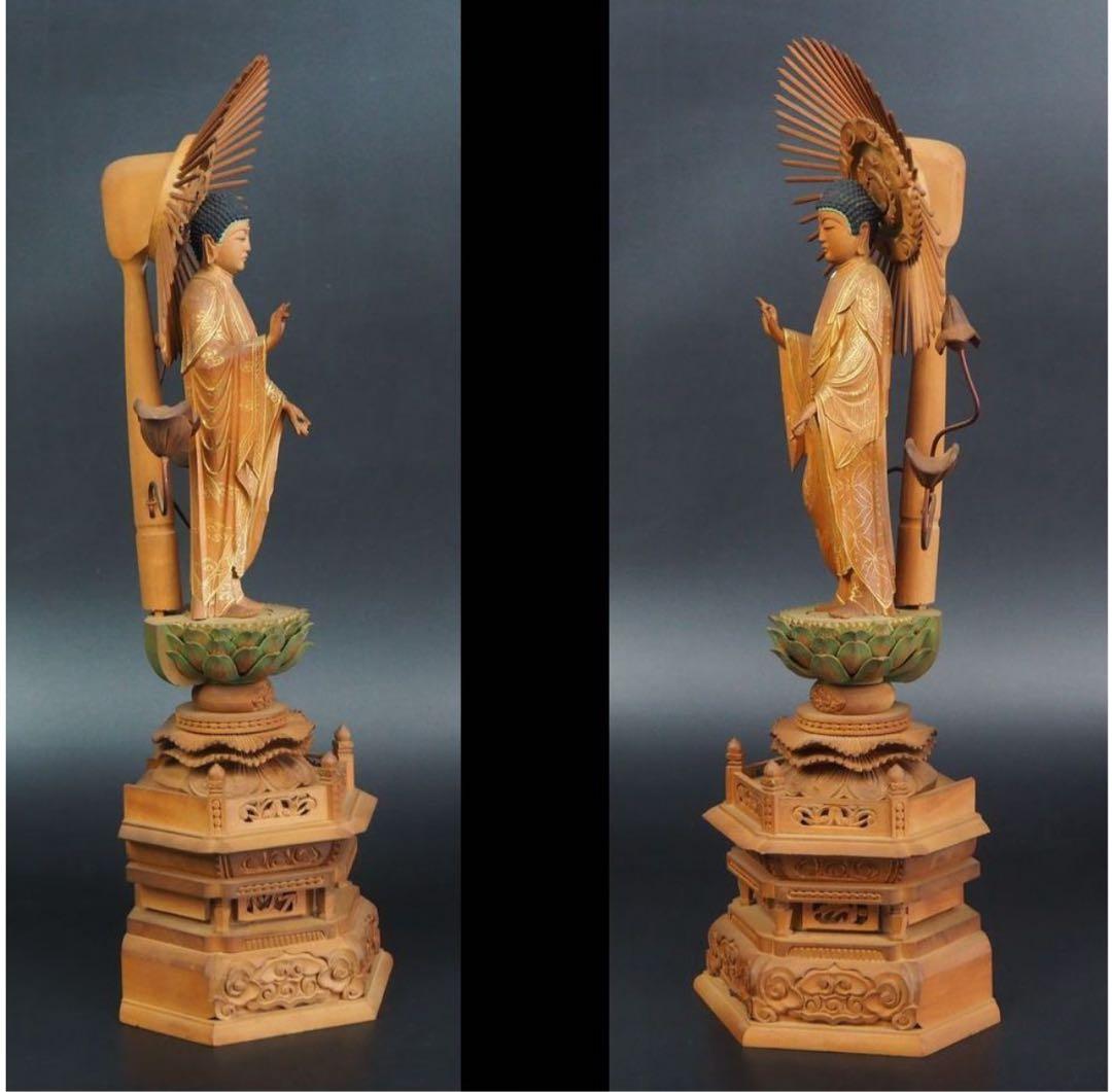 送料無料　時代物　柘植/黄楊　細密彫刻阿弥陀如来立像　高さ33.5ｃｍ