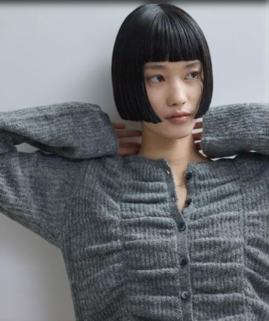 アダムエロペ【WEB限定】ダブルモヘアシャーリングカーディガン　グレー