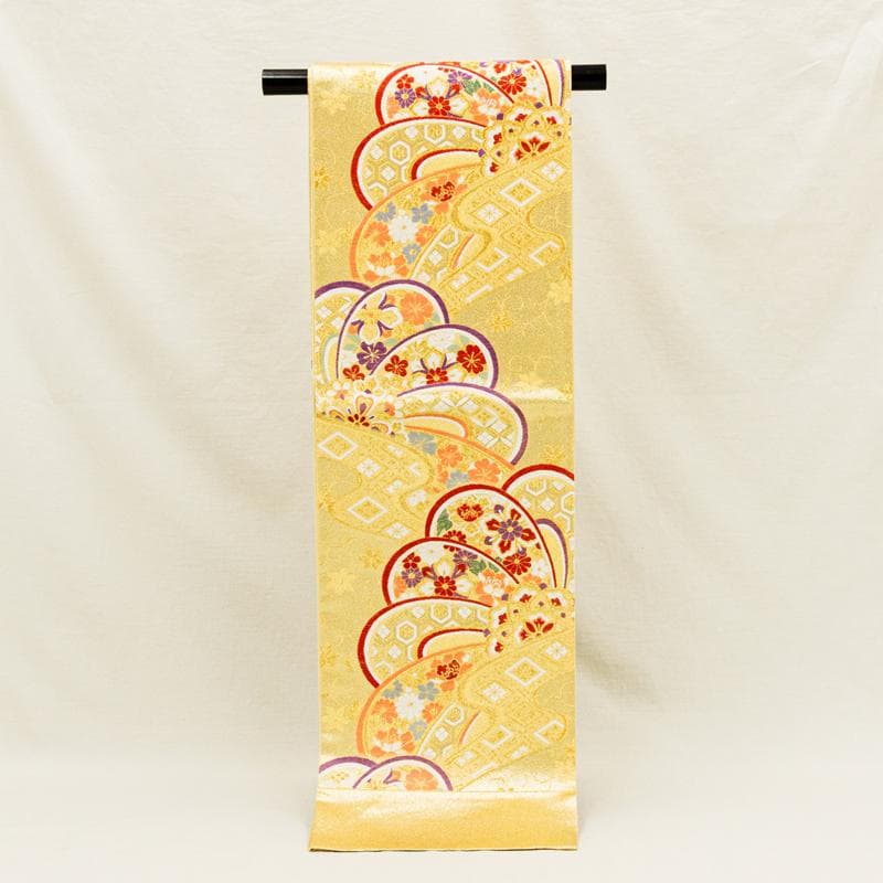 未来新品京都西陣浅田美術織正絹多色織古典工芸花扇流水文長尺礼装振袖用袋帯