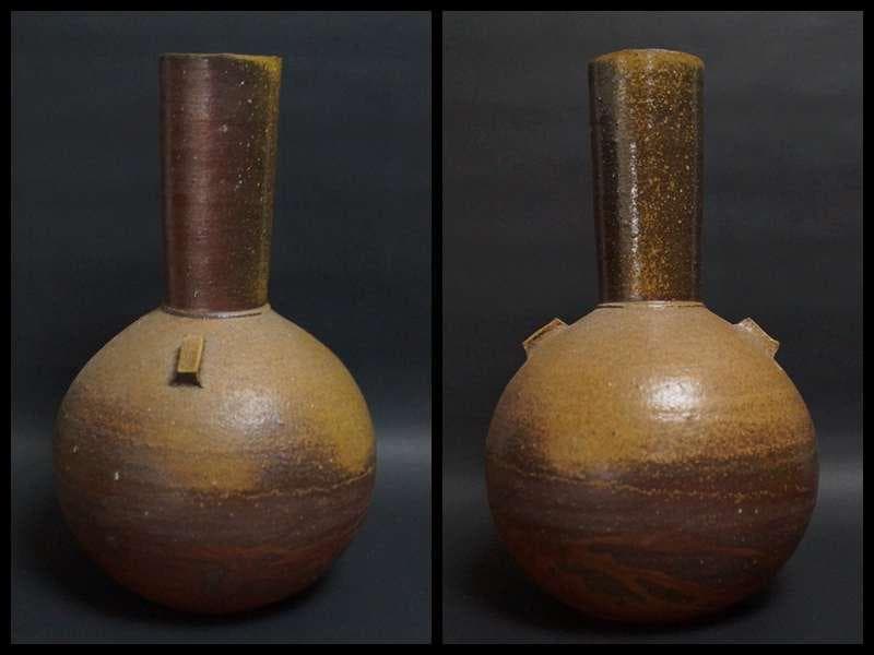 備前焼 窯変 大型天球瓶花器/飾り壺 作家物陶印あり 重さ3㎏茶道具★時代物★