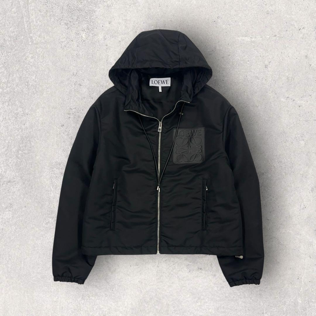 【美品・現行モデル】ロエベ　アナグラム レザーロゴ中綿フードジャケット　黒