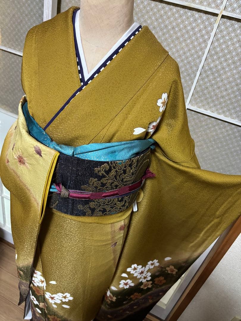 金茶×紫×深緑の美しい色合わせ／部分絞り入り／トールサイズ振袖 セット