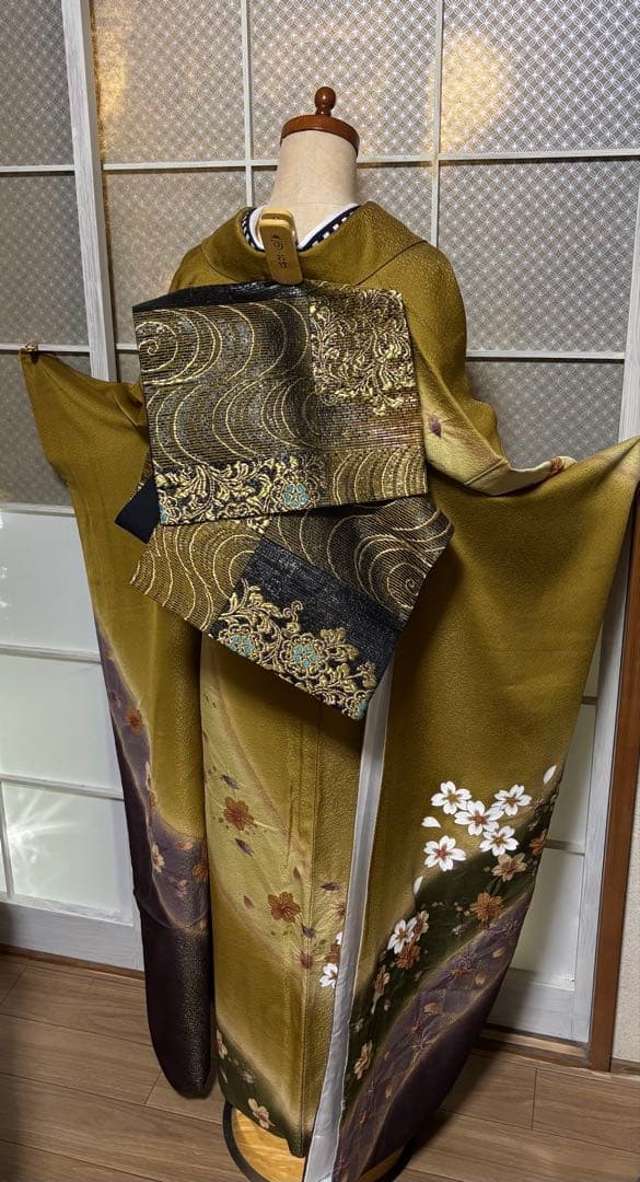 金茶×紫×深緑の美しい色合わせ／部分絞り入り／トールサイズ振袖 セット